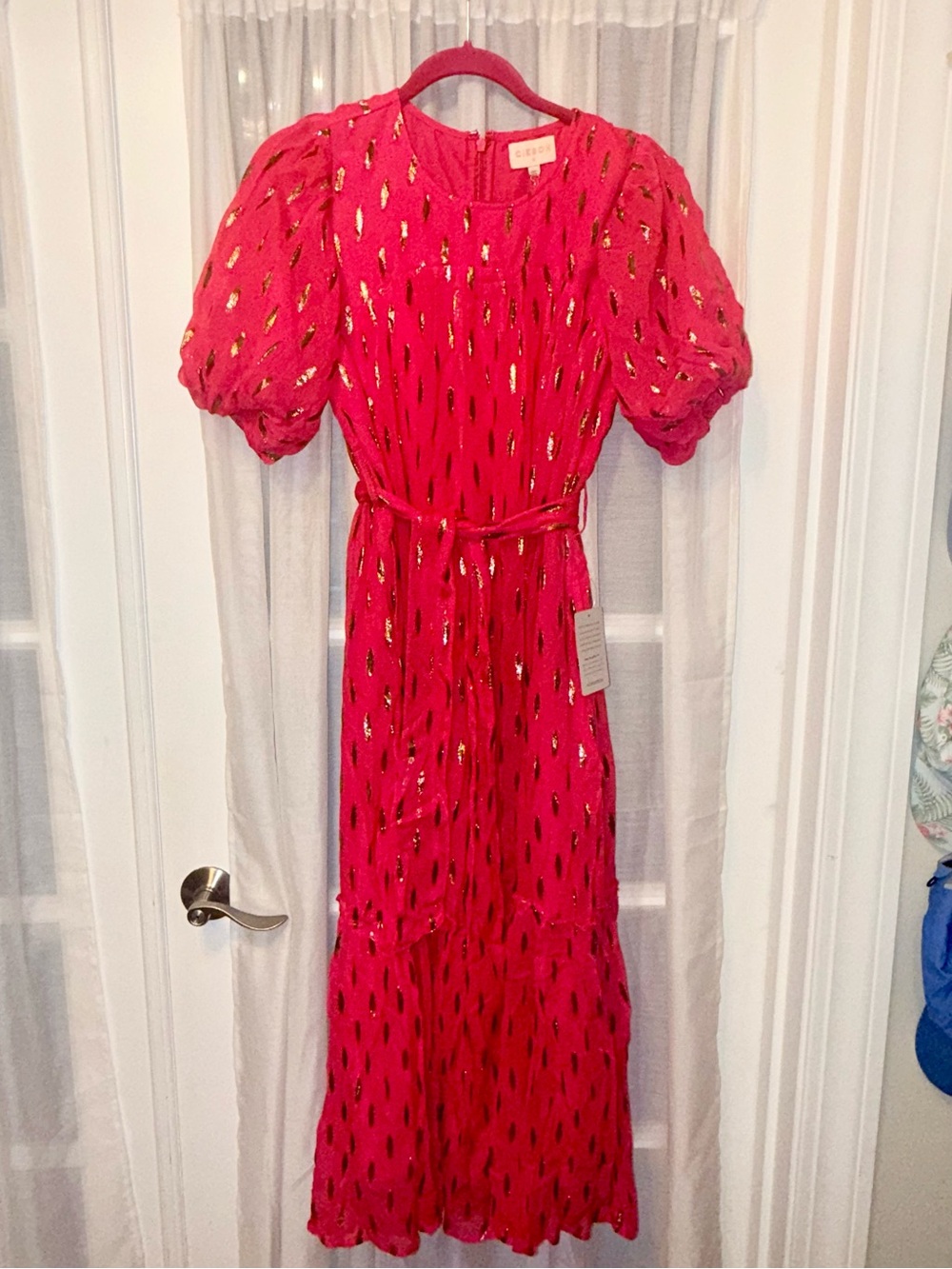 Bright Pink Maxi Dress with Gold Accents by